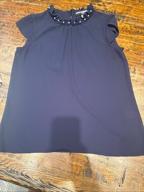 Karl Lagerfeld Navy Pearl-Trim Ruffle Neck Cap Sleeve Blouse